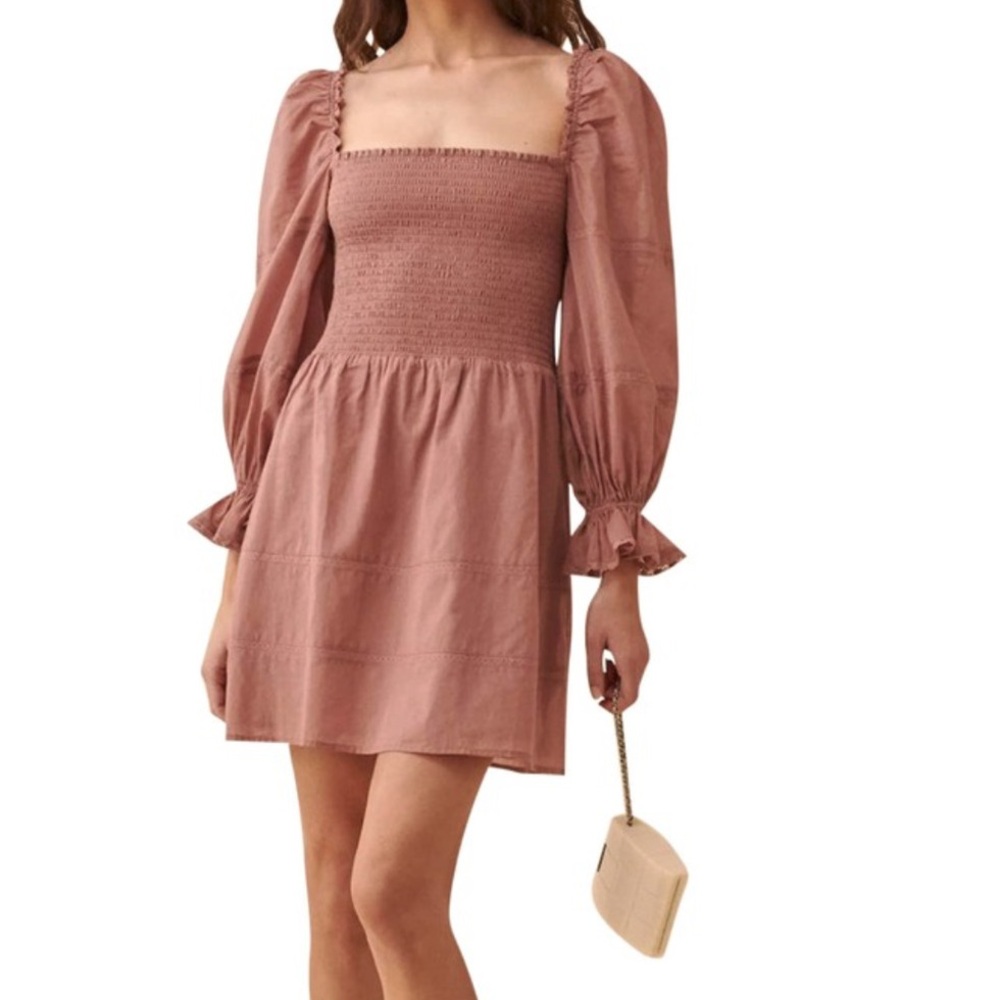 Reformation Dunes Long Sleeve Smocked Mini Dress Praline (Size 4)